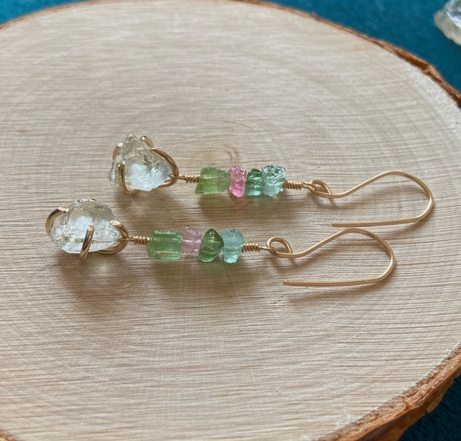 Raw Prasiolite and Watermelon Tourmaline Earrings