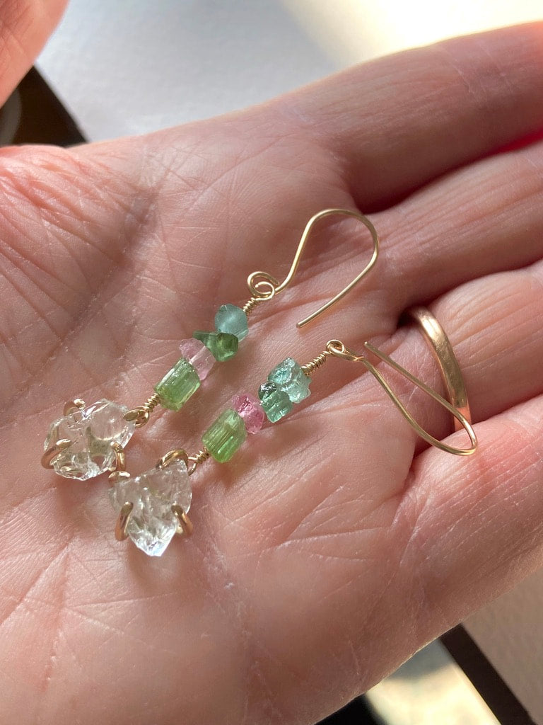 Raw Prasiolite and Watermelon Tourmaline Earrings