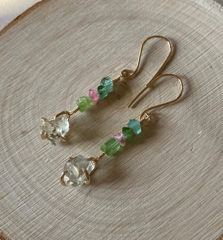 Raw Prasiolite and Watermelon Tourmaline Earrings
