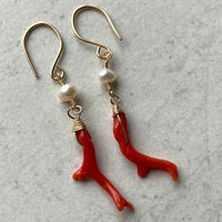 Vintage Italian Red Coral Branch and Pearl Earrings