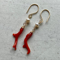 Vintage Italian Red Coral Branch and Pearl Earrings
