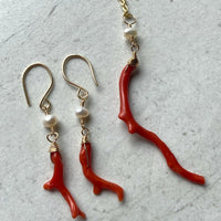 Vintage Italian Red Coral Branch and Pearl Earrings