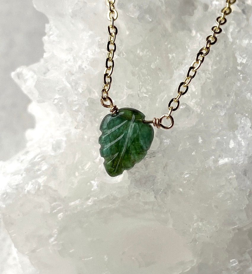 Emerald Carved Leaf Pendant Necklace
