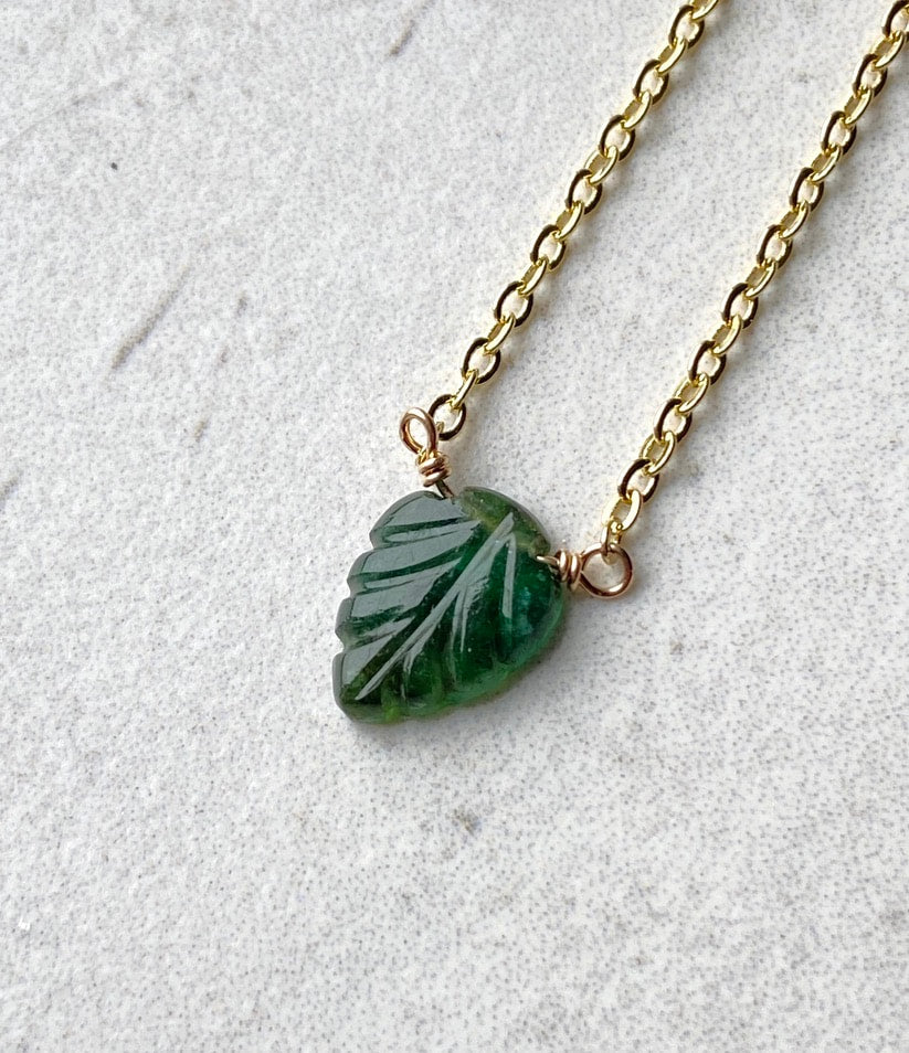 Emerald Carved Leaf Pendant Necklace