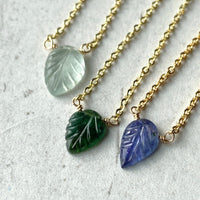 Tanzanite Carved Leaf Pendant Necklace