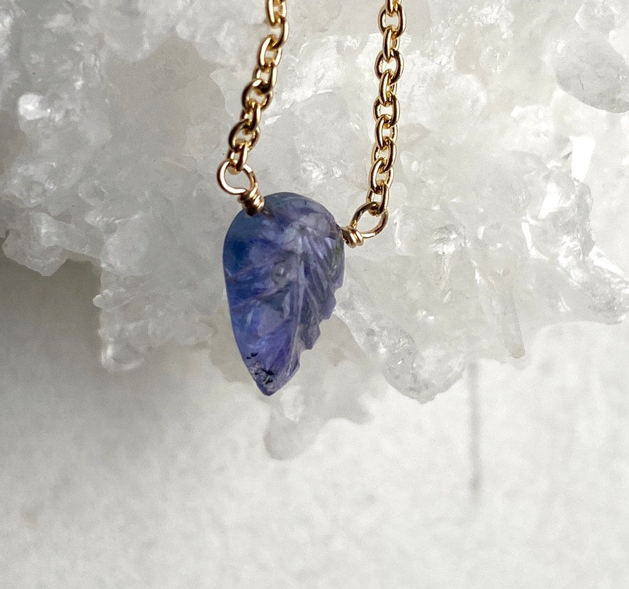 Tanzanite Carved Leaf Pendant Necklace