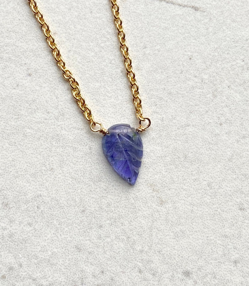 Tanzanite Carved Leaf Pendant Necklace