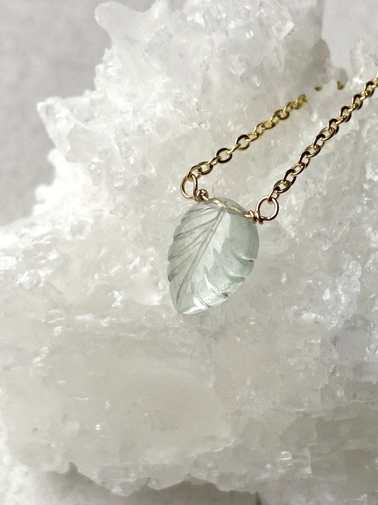 Aquamarine Carved Leaf Pendant Necklace, March Birthstone Necklace