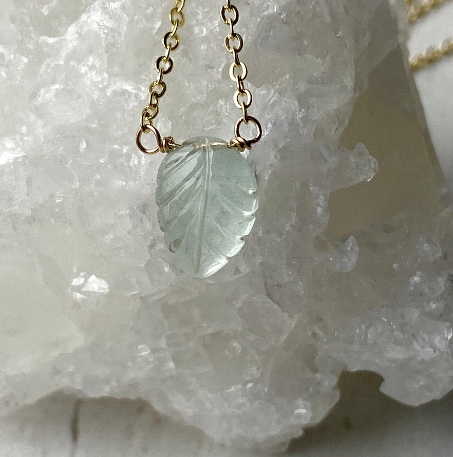 Aquamarine Carved Leaf Pendant Necklace, March Birthstone Necklace