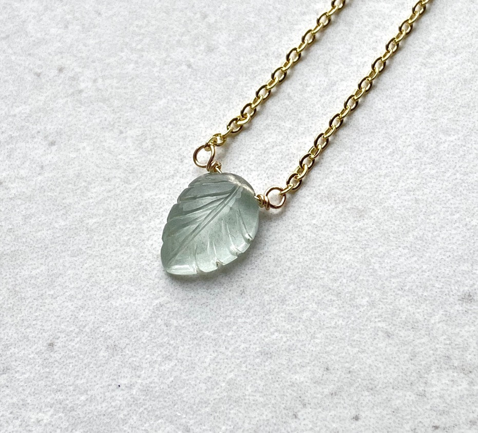 Aquamarine Carved Leaf Pendant Necklace, March Birthstone Necklace