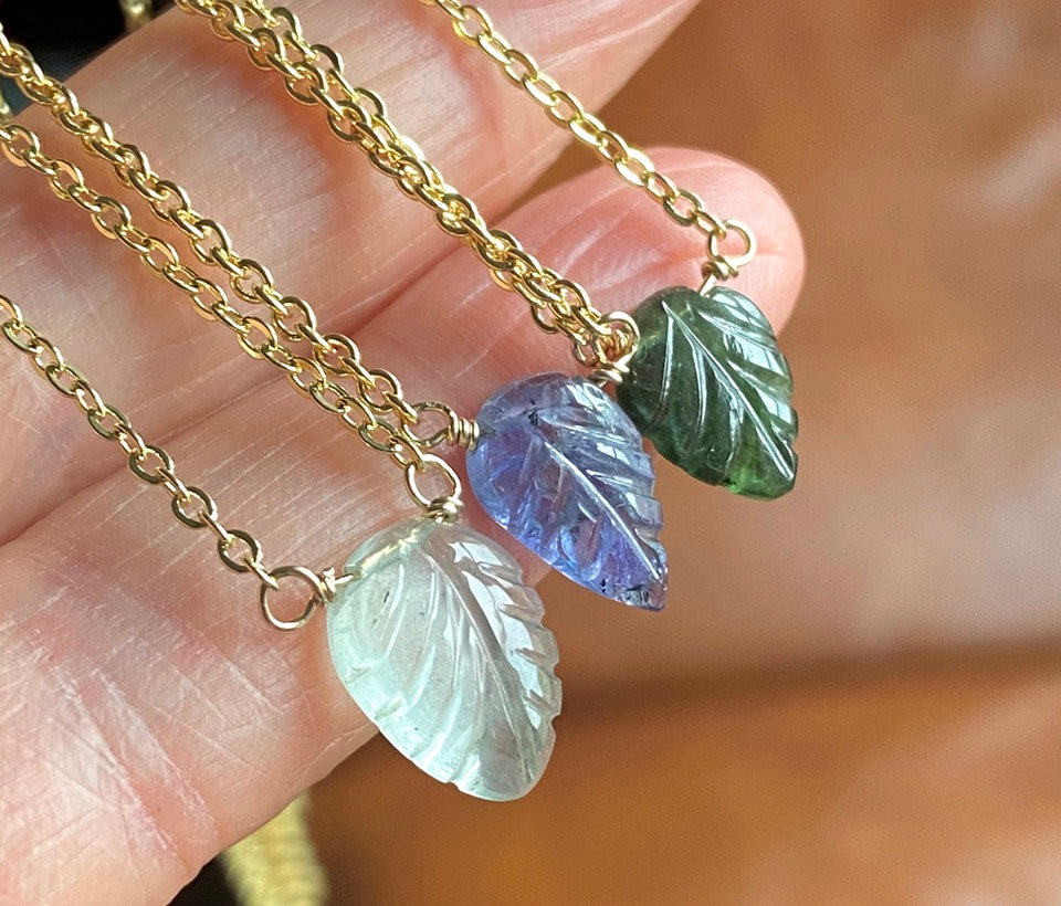 Aquamarine Carved Leaf Pendant Necklace, March Birthstone Necklace