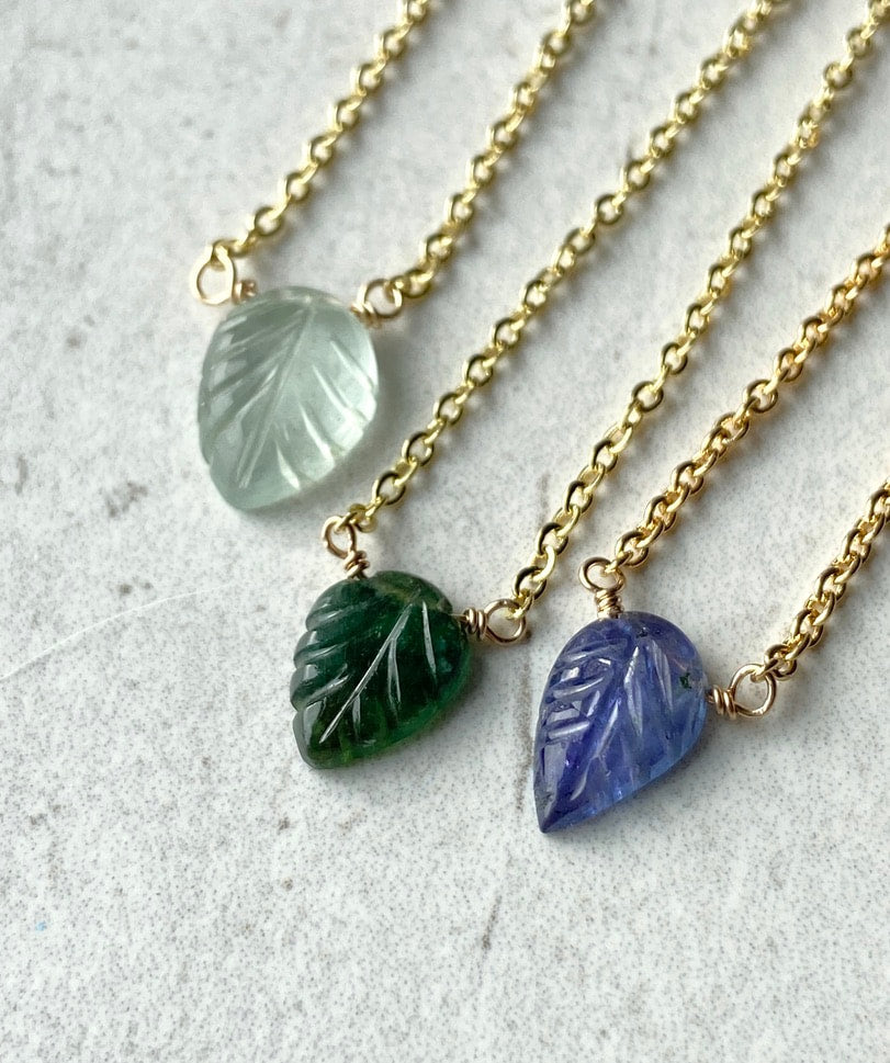 Aquamarine Carved Leaf Pendant Necklace, March Birthstone Necklace