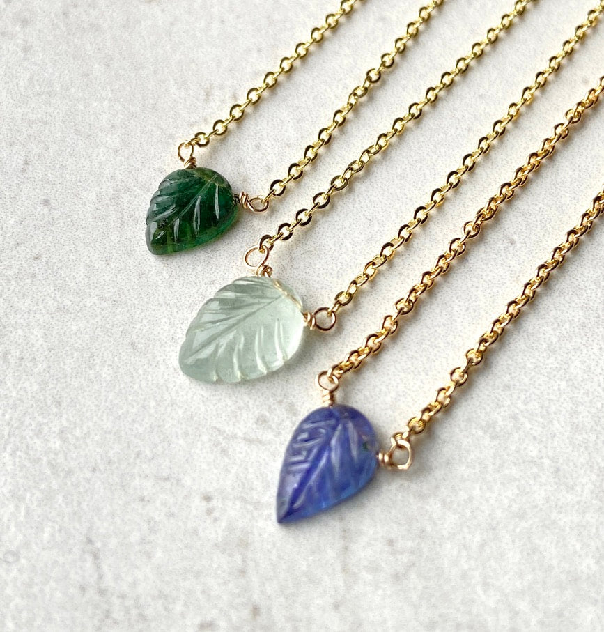 Aquamarine Carved Leaf Pendant Necklace, March Birthstone Necklace