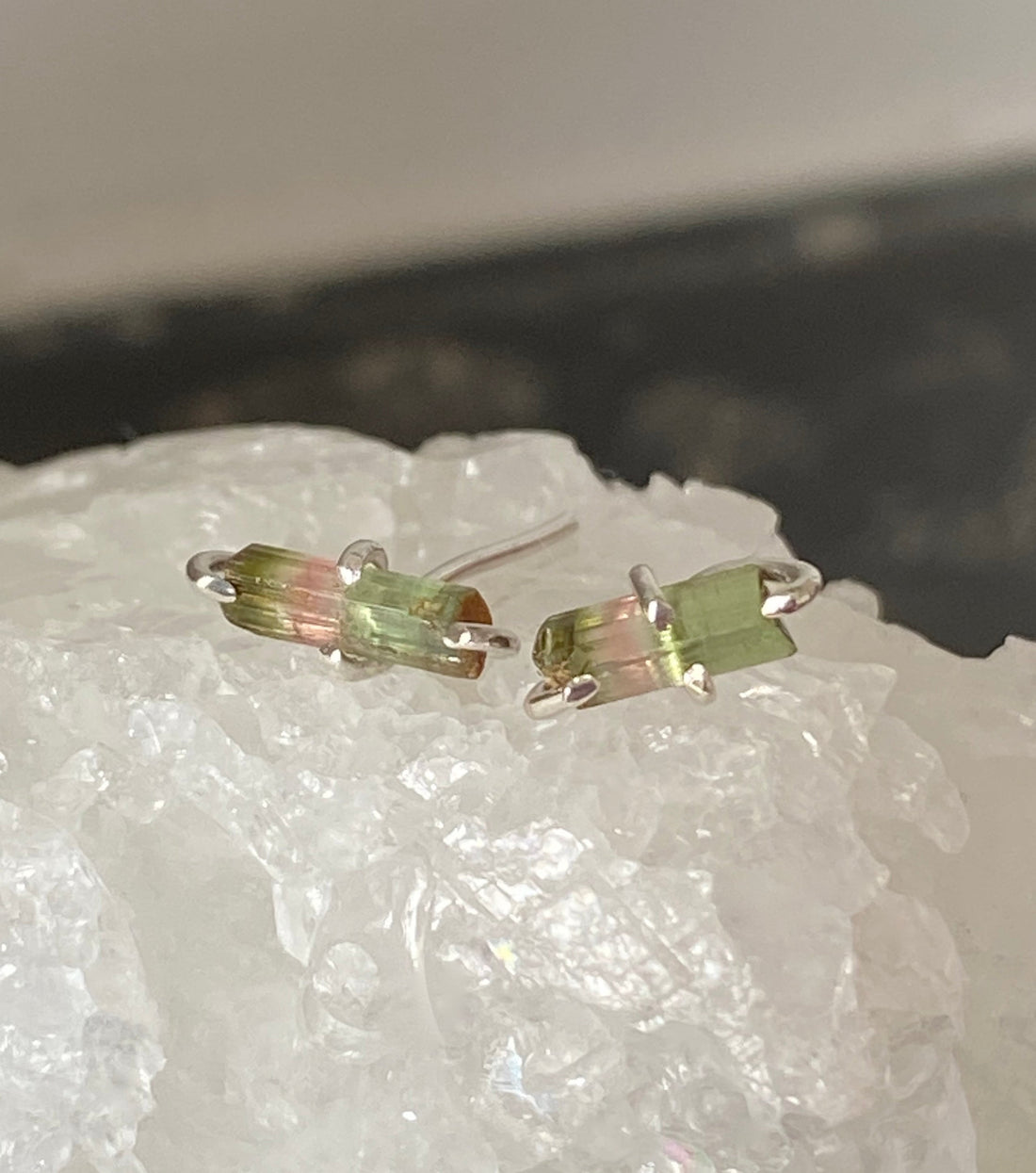 Raw Watermelon Tourmaline Stud Earrings