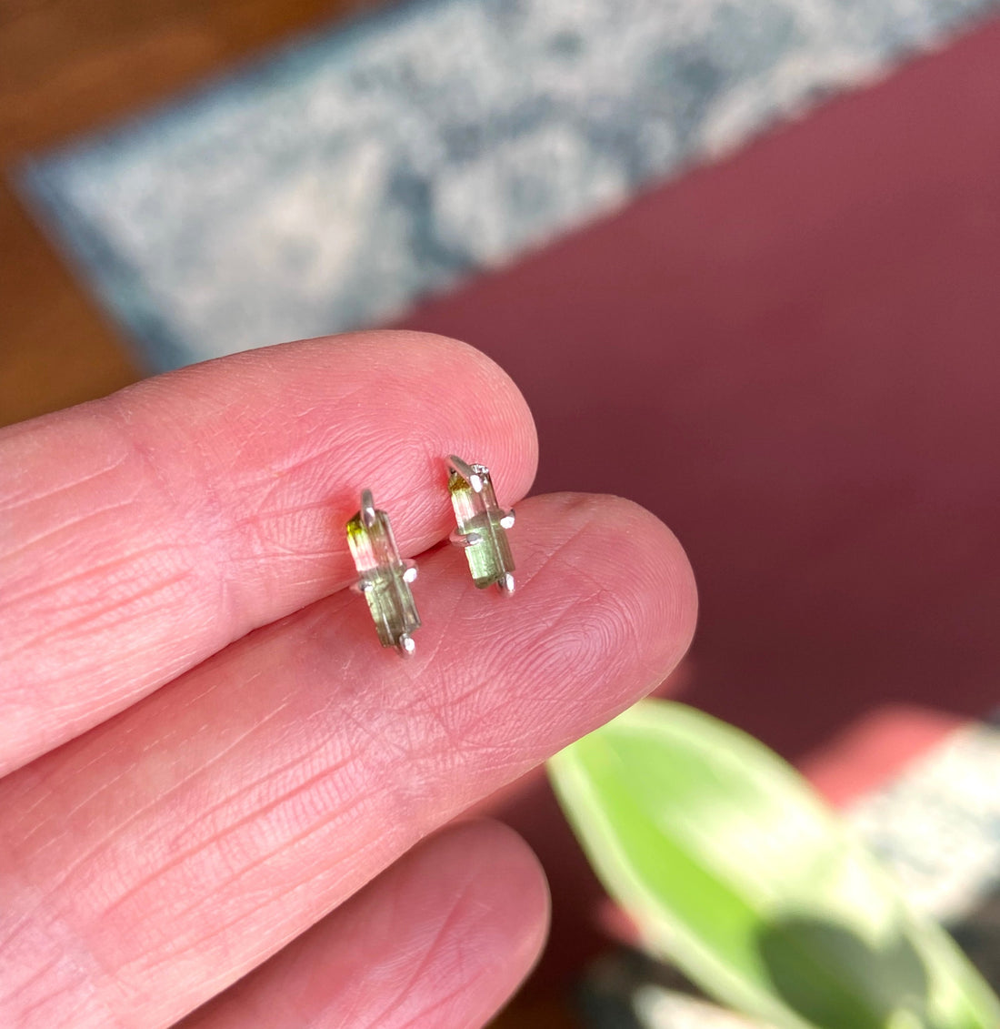 Raw Watermelon Tourmaline Stud Earrings