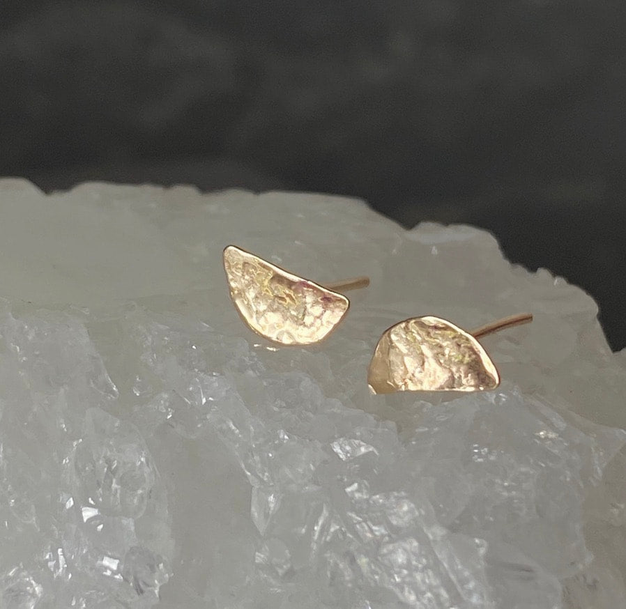 Hammered 14k Gold Half Moon Stud Earrings
