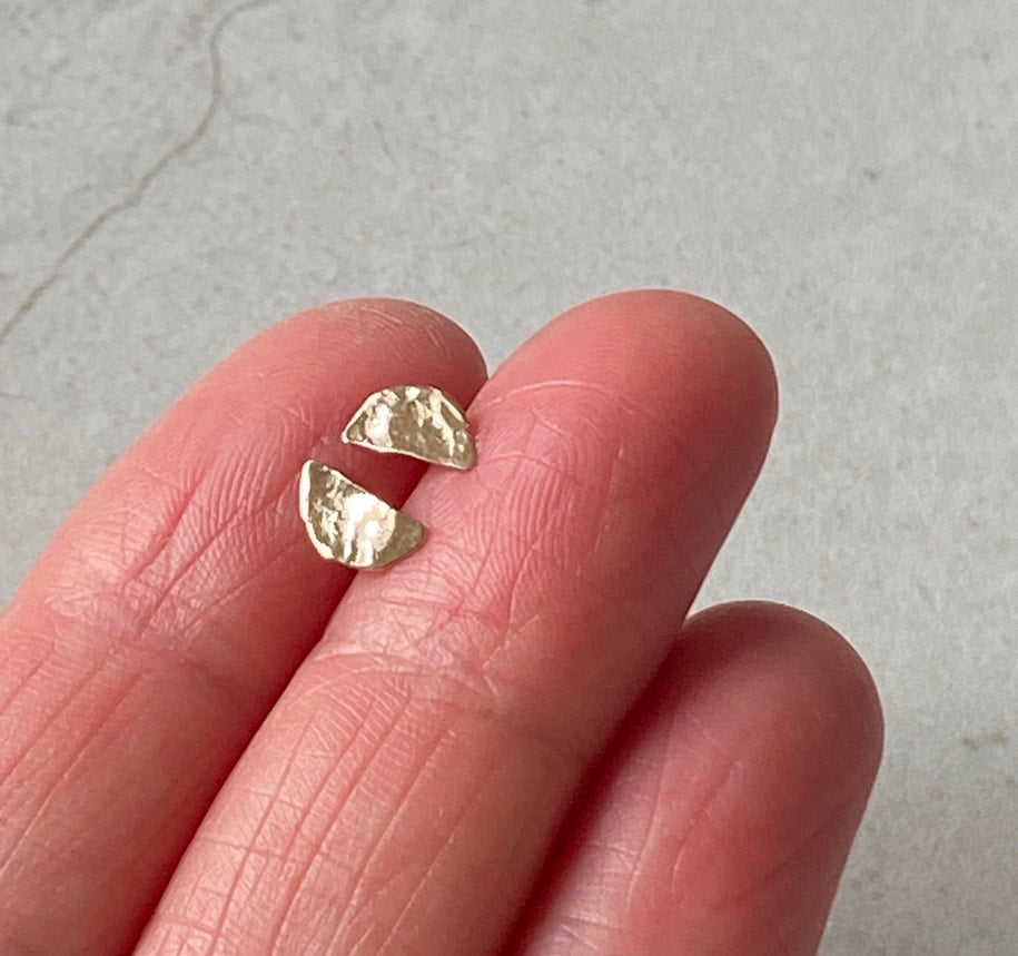 Hammered 14k Gold Half Moon Stud Earrings