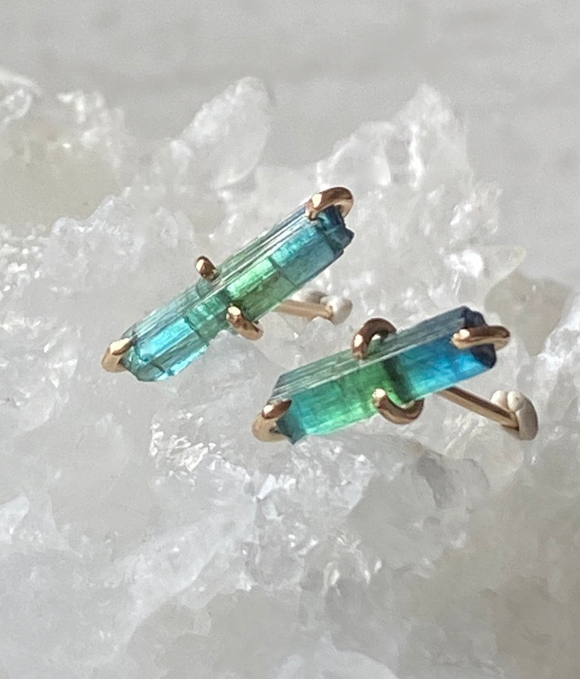 Raw Bicolor Blue Green Indocolite Tourmaline Stud Earrings, October Birthstone Earrings