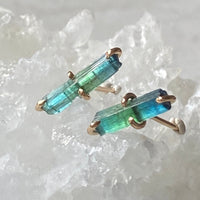 Raw Bicolor Blue Green Indocolite Tourmaline Stud Earrings, October Birthstone Earrings