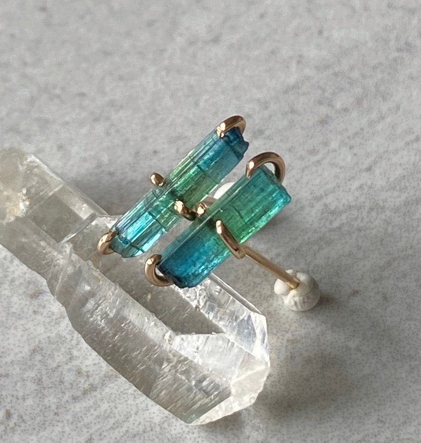 Raw Bicolor Blue Green Indocolite Tourmaline Stud Earrings, October Birthstone Earrings