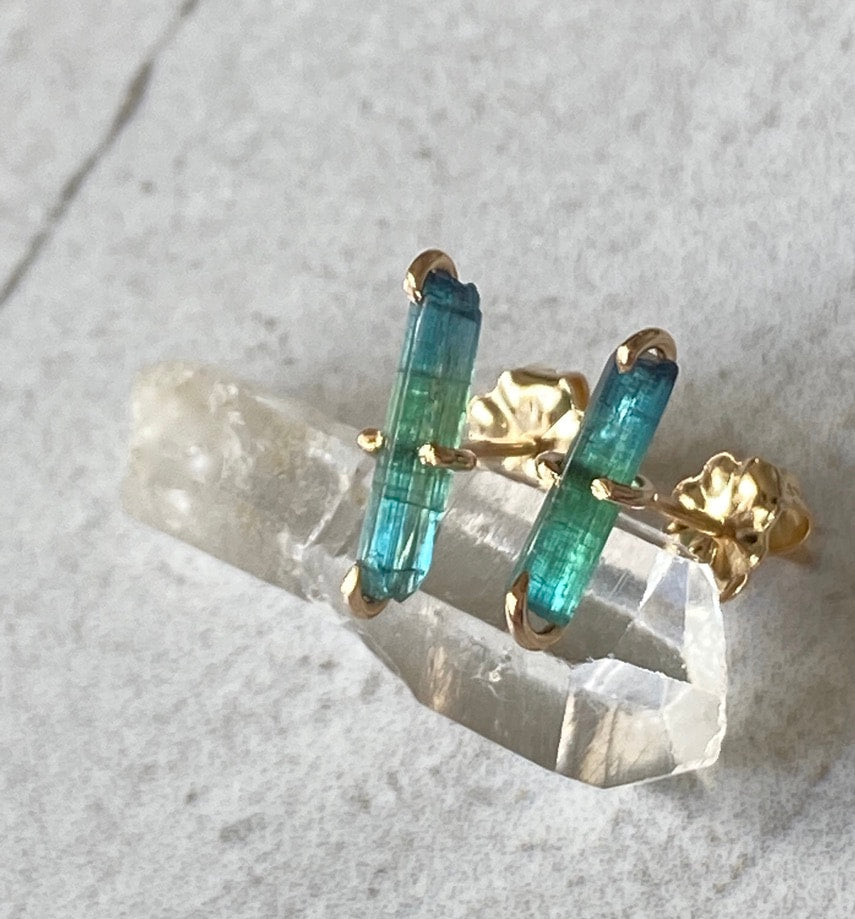 Raw Bicolor Blue Green Indocolite Tourmaline Stud Earrings, October Birthstone Earrings