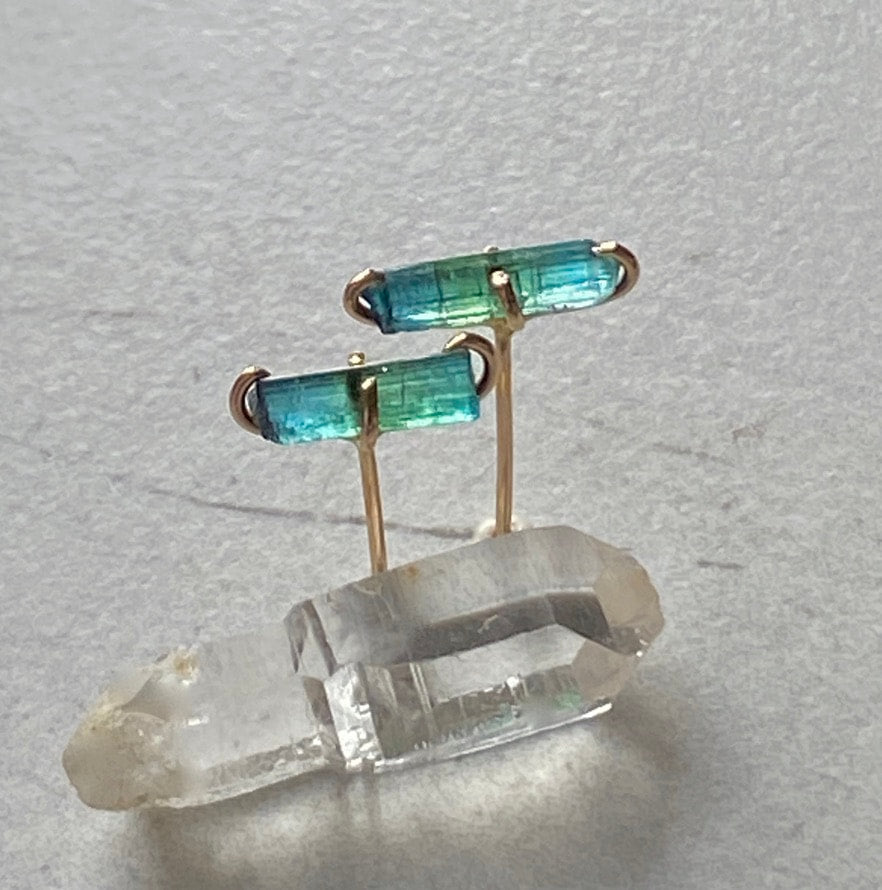 Raw Bicolor Blue Green Indocolite Tourmaline Stud Earrings, October Birthstone Earrings