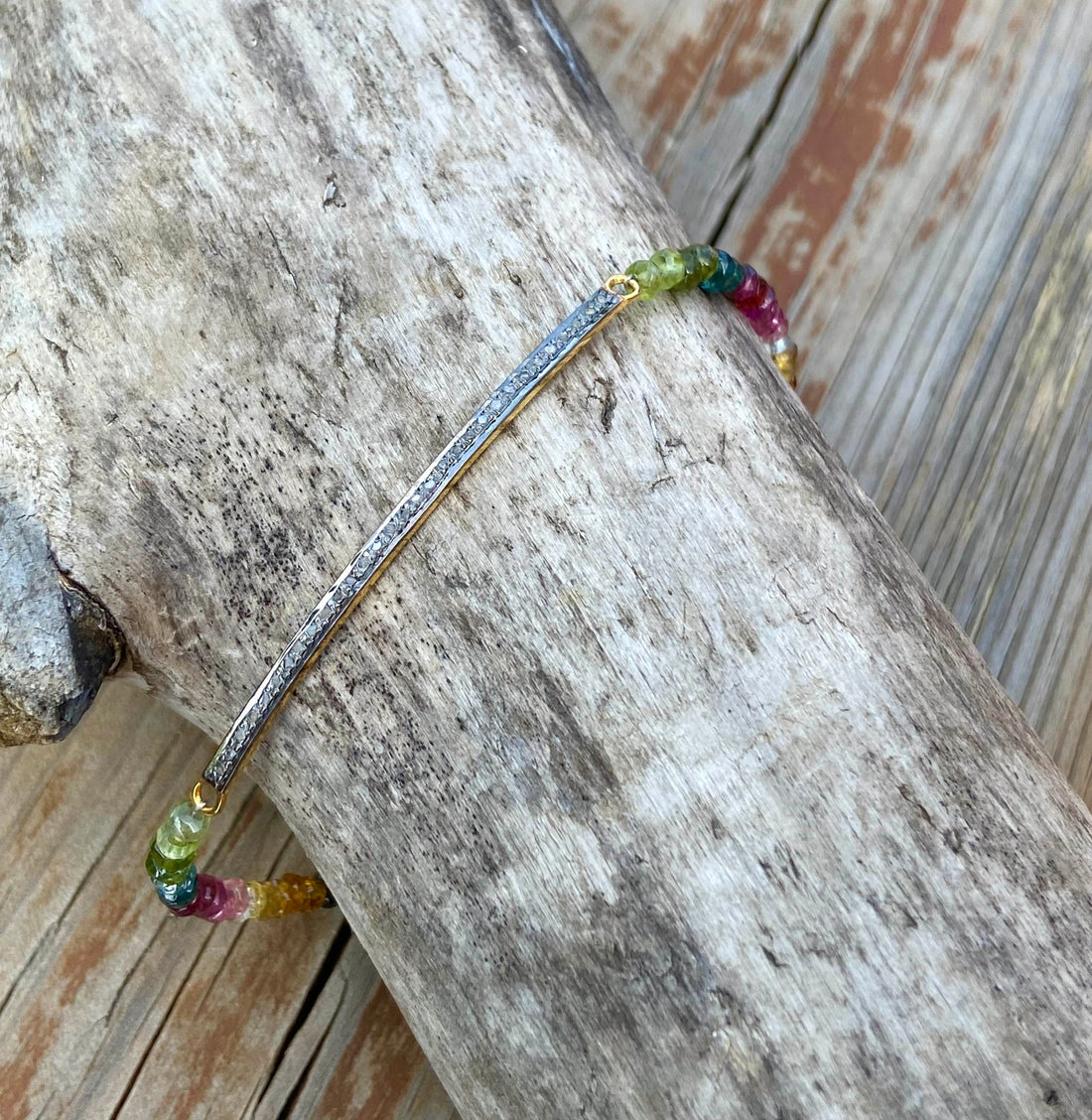 Unisex Diamond Bar and Watermelon Tourmaline Bracelet