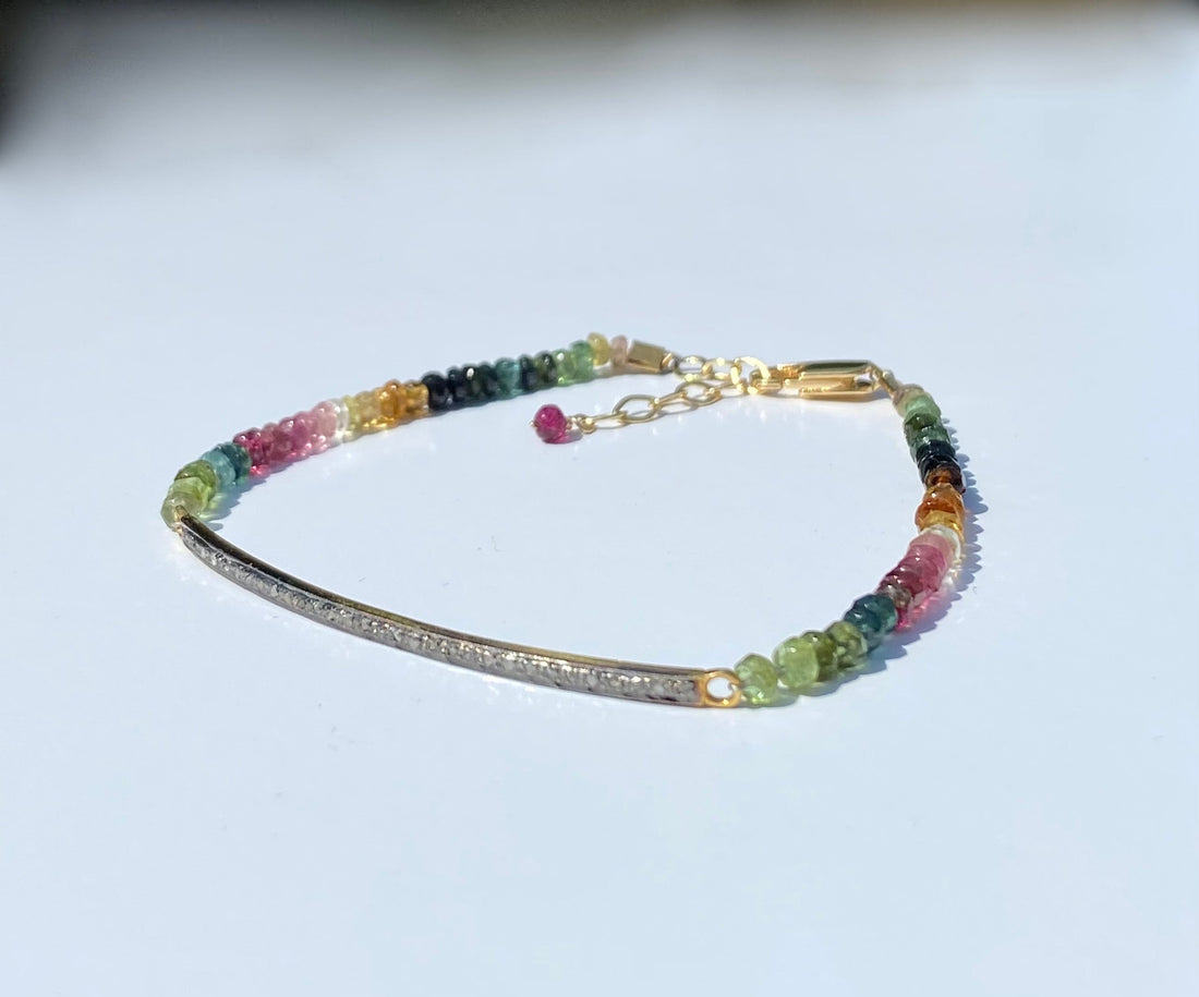 Unisex Diamond Bar and Watermelon Tourmaline Bracelet