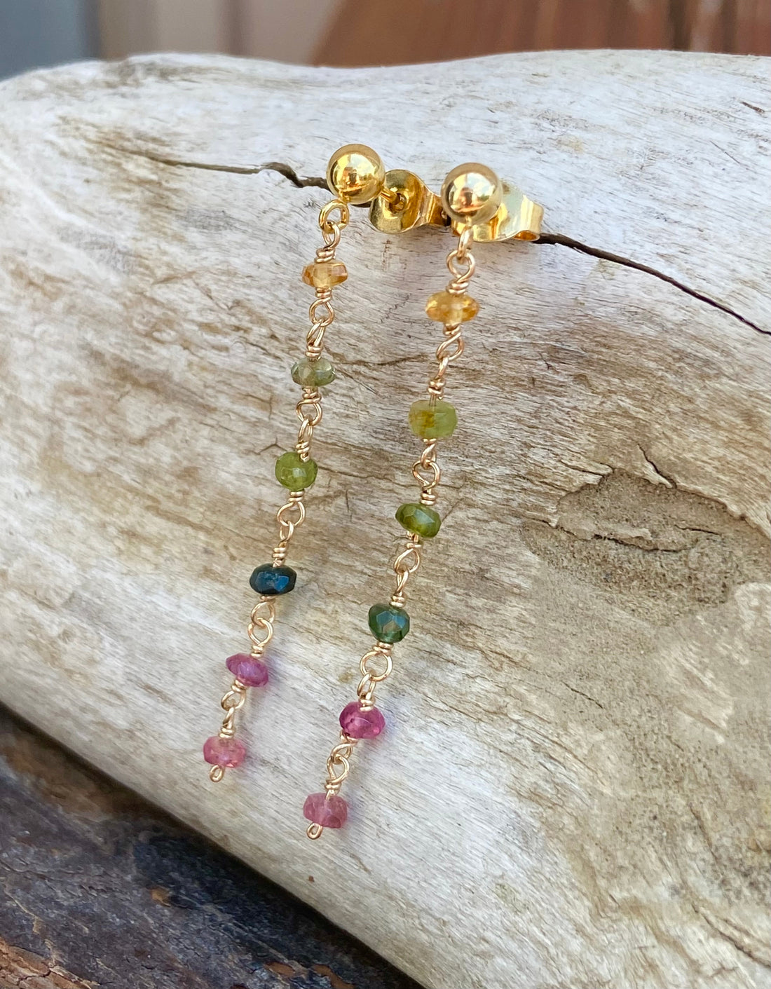 Watermelon Tourmaline Long Chain Earrings, October Birthstone Earrings