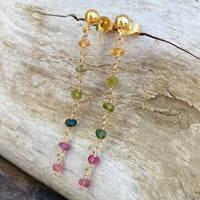 Watermelon Tourmaline Long Chain Earrings, October Birthstone Earrings