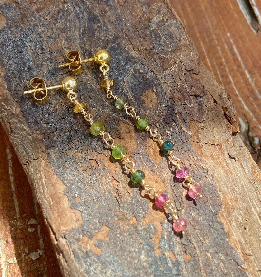 Watermelon Tourmaline Long Chain Earrings, October Birthstone Earrings