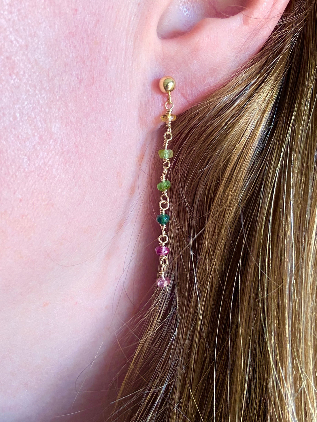 Watermelon Tourmaline Long Chain Earrings, October Birthstone Earrings
