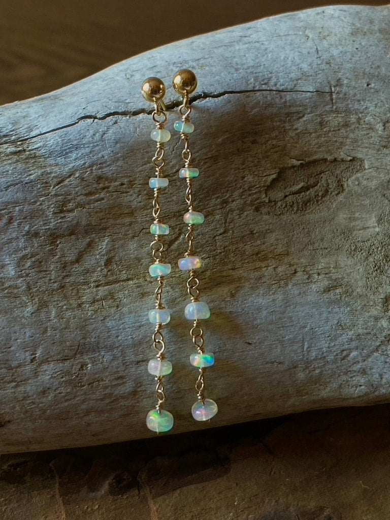 Ethiopian Welo Opal Long Chain Earrings, October Birthstone Earrings