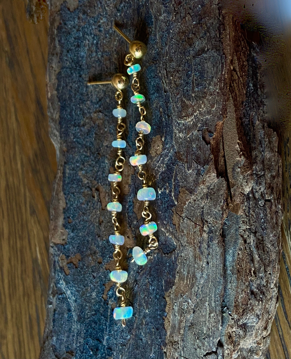 Ethiopian Welo Opal Long Chain Earrings, October Birthstone Earrings