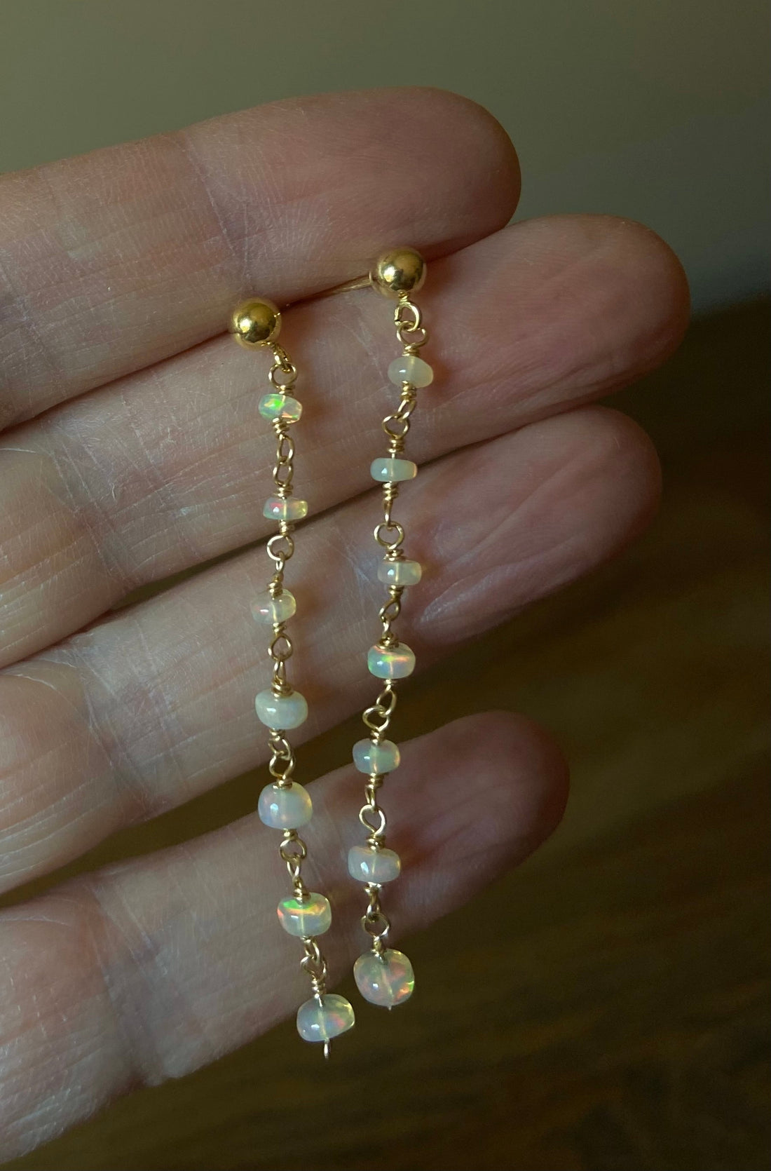 Ethiopian Welo Opal Long Chain Earrings, October Birthstone Earrings