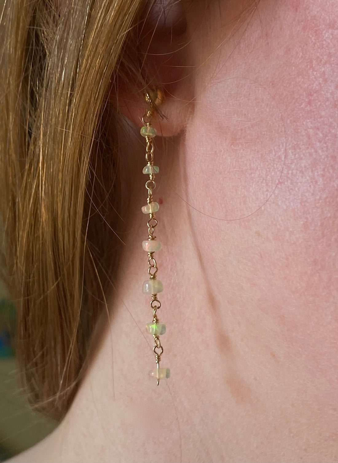 Ethiopian Welo Opal Long Chain Earrings, October Birthstone Earrings