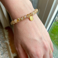Golden Rutilated Quartz Bracelet with White Diamond Pavé Evil Eye Charm