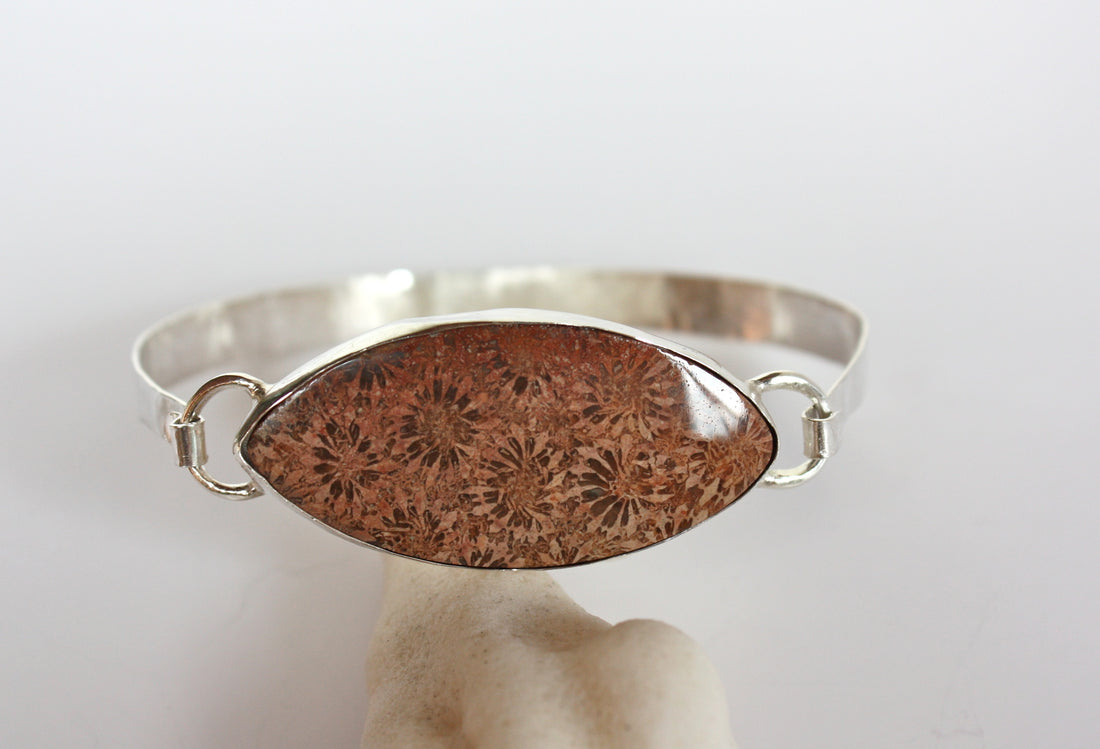 Fossil Coral and Sterling Silver Bangle Bracelet