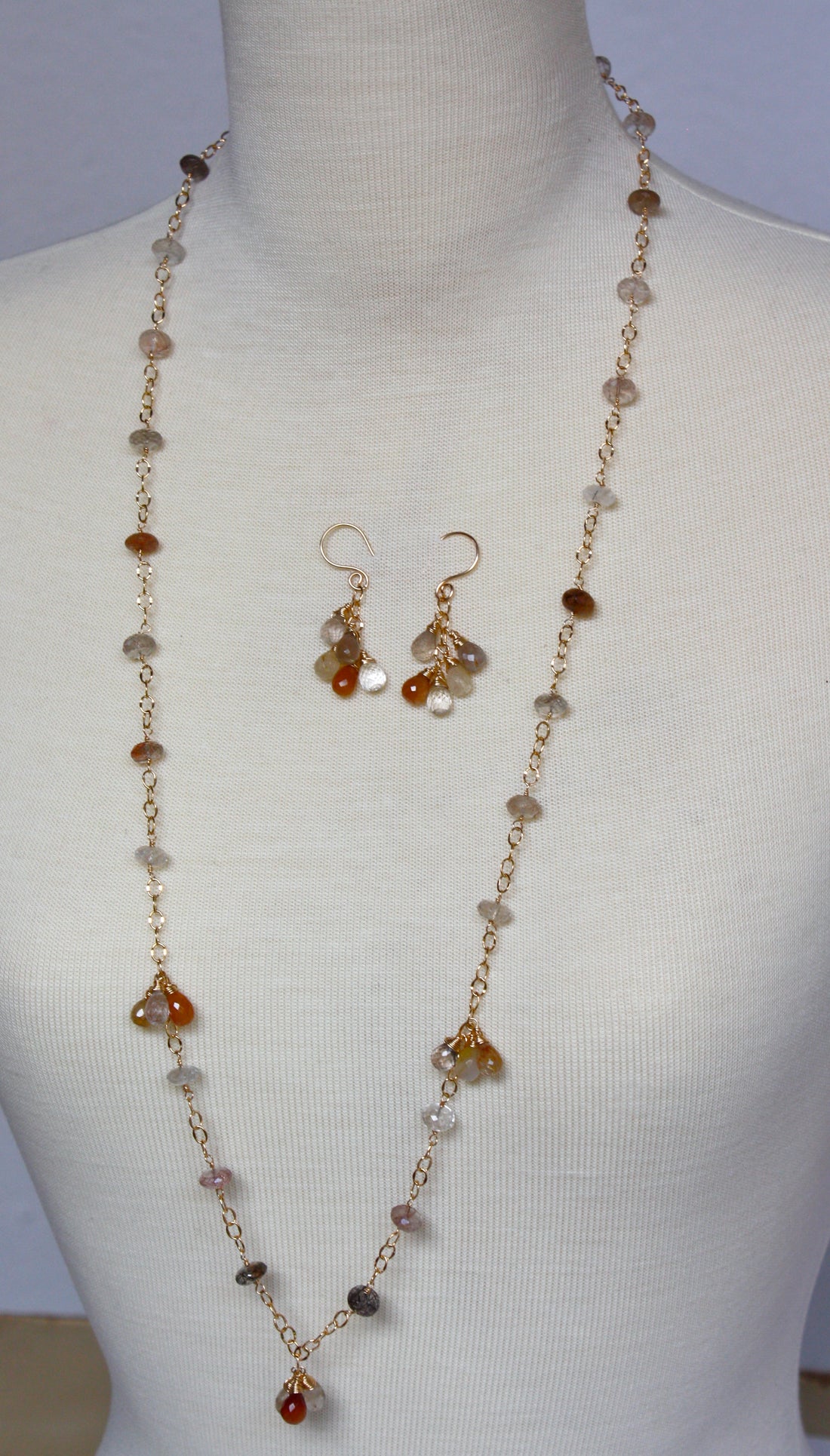 Long Gold Filled Chain Necklace With Multi Rutilated Quartz