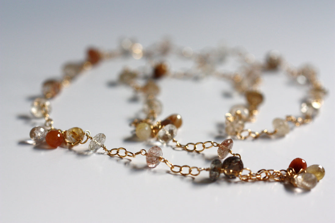 Long Gold Filled Chain Necklace With Multi Rutilated Quartz