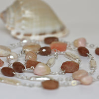 Long Sterling Silver Cable Chain Necklace with Peruvian Pink Opal, Chalcedony, Sunstone and Freshwater Pearls