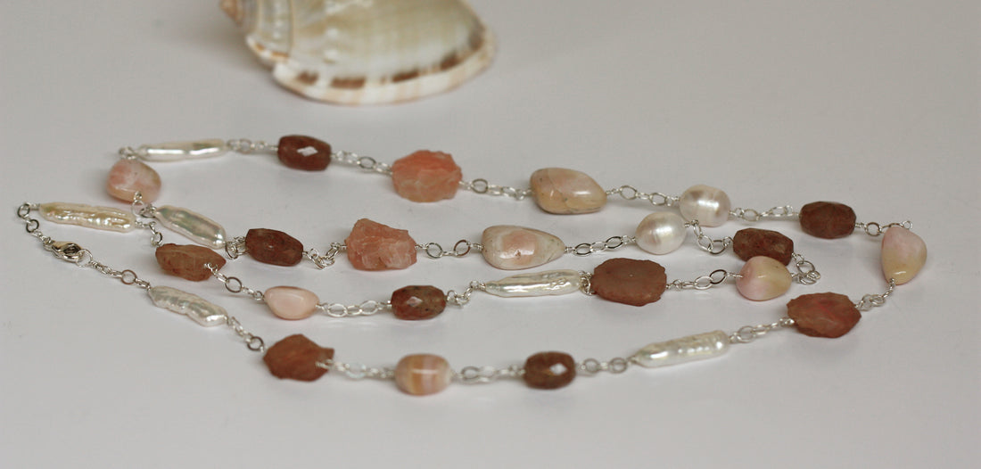 Long Sterling Silver Cable Chain Necklace with Peruvian Pink Opal, Chalcedony, Sunstone and Freshwater Pearls