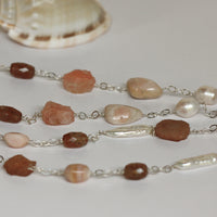 Long Sterling Silver Cable Chain Necklace with Peruvian Pink Opal, Chalcedony, Sunstone and Freshwater Pearls