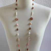 Long Sterling Silver Cable Chain Necklace with Peruvian Pink Opal, Chalcedony, Sunstone and Freshwater Pearls