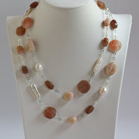 Long Sterling Silver Cable Chain Necklace with Peruvian Pink Opal, Chalcedony, Sunstone and Freshwater Pearls