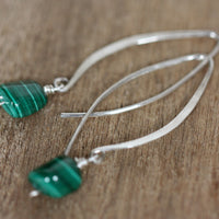 Large Hook Earrings of Sterling Silver and Malachite