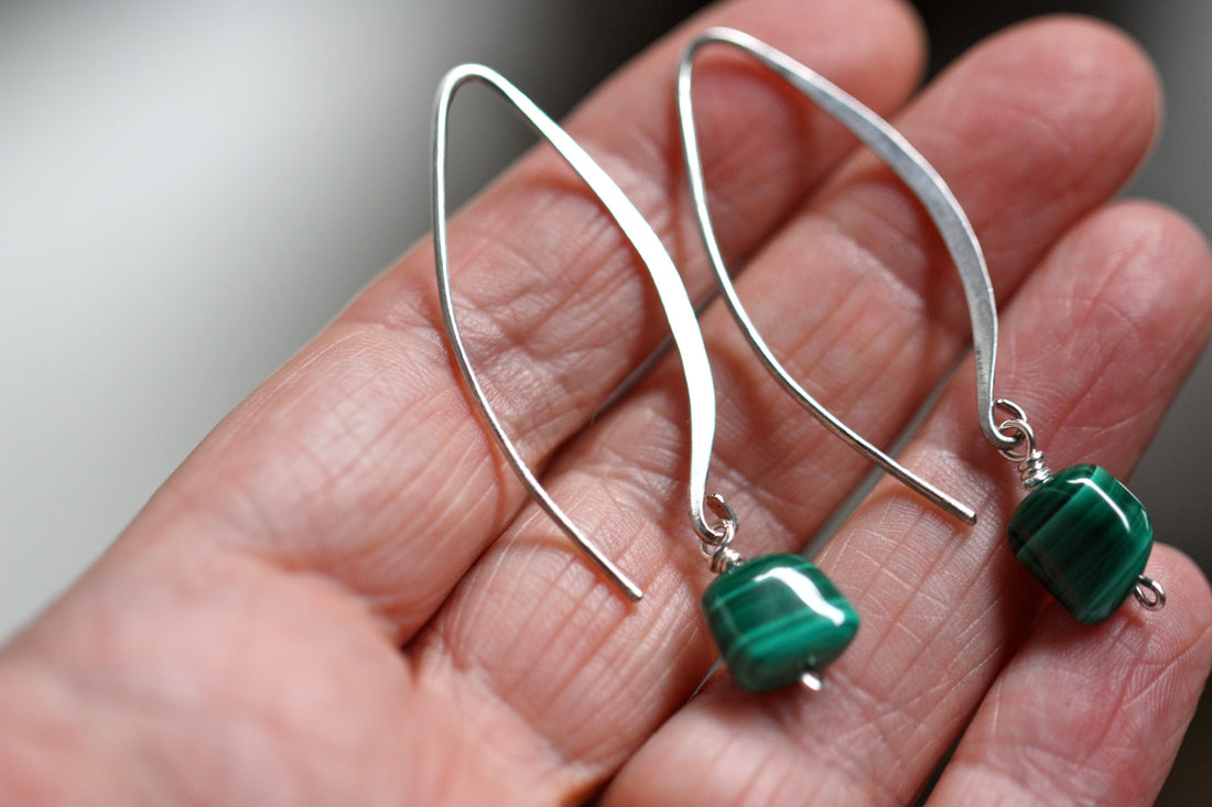 Large Hook Earrings of Sterling Silver and Malachite
