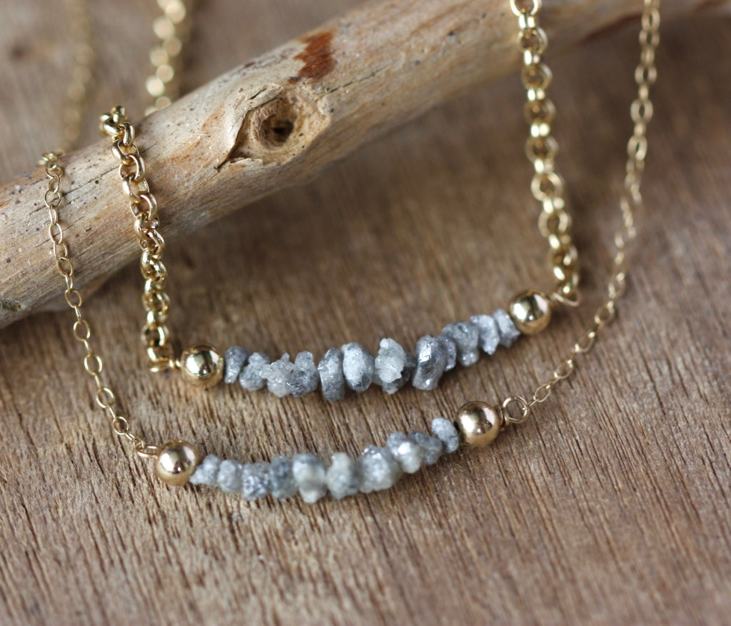 Rough Grey Diamond Bar Necklace, 14k Gold Filled