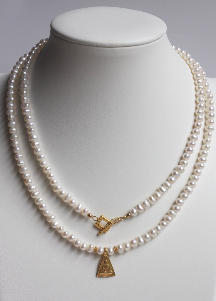 Long Freshwater Pearl Necklace with A Gold Vermeil Buddha Pendant
