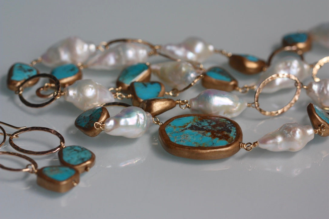Long Necklace of Natural Turquoise, Baroque Pearls and Gold Filled Chain